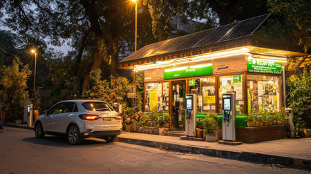 A charming eco-friendly kiosk illuminated at night, featuring solar panels, plants, and a sleek vehicle parked nearby, showcasing urban sustainability and convenience.の素材