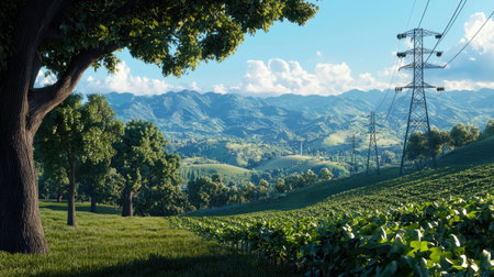 Experience a tranquil rural scene showcasing rolling hills, lush greenery, and power lines under a blue sky. Ideal for nature and energy themes.の素材
