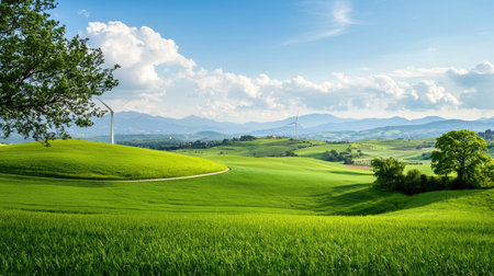 A serene landscape showcasing rolling green hills dotted with wind turbines. The vibrant scenery under a bright blue sky evokes feelings of tranquility and sustainability.の素材