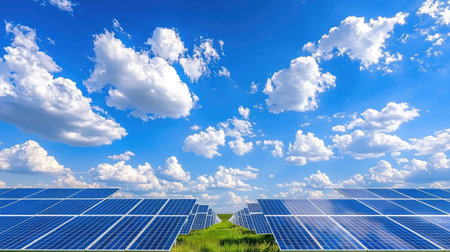 A stunning view of solar panels sprawled across a green field under a bright blue sky with fluffy clouds, showcasing the harmony of technology and nature.の素材