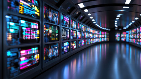 Explore a futuristic data center showcasing colorful screens and advanced technology. The vibrant environment is perfect for visualizing complex data and systems.の素材