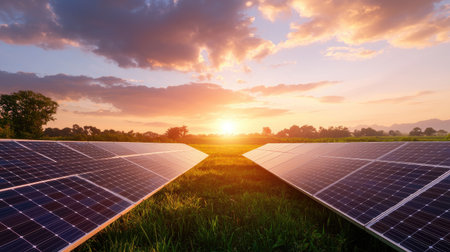 A stunning view of solar panels in a green field under a colorful sunset, showcasing the beauty of renewable energy and sustainable practices in nature.の素材