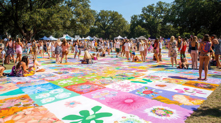 Aerial view of colorful art zones at festival site with clean upper portionの素材