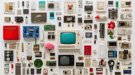 A vibrant collection of vintage electronics, circuit boards, and gadgets arranged creatively against a white backdrop. Perfect for technology enthusiasts.の素材