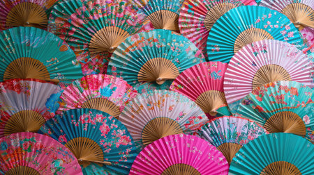 A vibrant collection of paper fans featuring floral designs, showcasing a beautiful blend of colors and traditional craftsmanship ideal for decoration or art displays.の素材