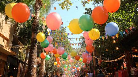 A lively outdoor festival scene filled with colorful balloons and festive decorations. The atmosphere radiates joy and excitement in a sunlit setting.の素材