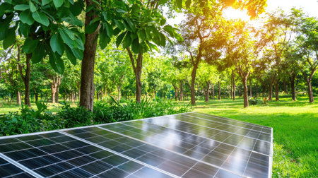 This image features solar panels nestled in a vibrant green forest, capturing sunlight while promoting renewable energy. The setting showcases the harmony between nature and technology.の素材