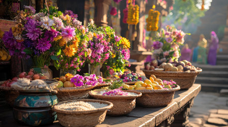 Explore a vibrant market stall featuring fresh fruits and colorful flowers. The perfect blend of nature and culture, showcasing local produce and beauty.の素材