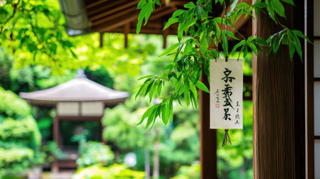 A serene Japanese garden setting featuring vibrant green foliage, traditional architecture, and a decorative sign, inviting relaxation and peace.の素材
