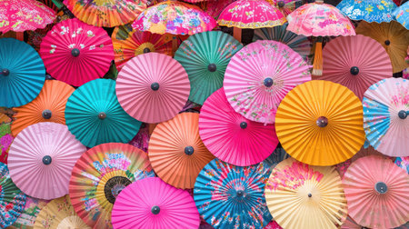 A stunning array of colorful paper umbrellas creates a lively backdrop, showcasing vibrant hues and intricate designs perfect for festive occasions or artistic displays.の素材
