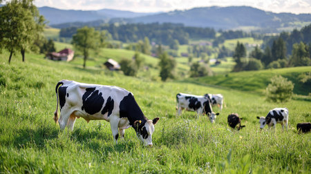 A tranquil countryside scene featuring grazing cattle on lush green grass with rolling hills in the background under a bright blue sky.の素材