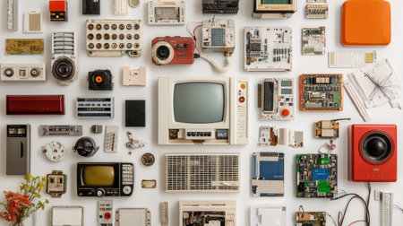 A stunning arrangement of vintage electronics showcasing retro gadgets and technology items. Perfect for art, nostalgia, and historical themes in design projects.の素材
