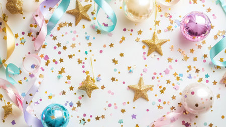 A vibrant and colorful party background featuring stars, ribbons, and shimmering confetti. Perfect for celebrations, events, and joyful occasions.の素材