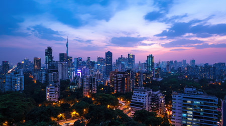 A stunning cityscape view captured at twilight, showcasing modern skyscrapers against a colorful sky, blending urban life with serene natural elements.の素材