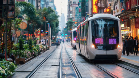 A modern tram glides along a bustling city street, surrounded by vibrant lights and lively urban scenery, capturing the essence of contemporary transportation.の素材