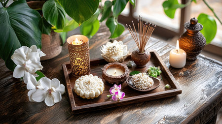 This serene arrangement features candles, flowers, and natural elements on a wooden tray, creating a peaceful ambiance for relaxation and mindfulness practices.の素材