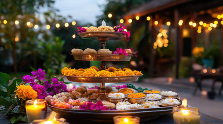 A vibrant display of assorted sweets and floral decorations set on a three-tiered platter, creating a joyous festive atmosphere. Perfect for celebrations.の素材