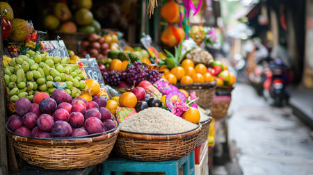 A vibrant fruit market showcasing a variety of colorful fruits in baskets. The scene captures the essence of local culture with fresh produce and lively street life.の素材
