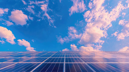 A stunning view of solar panels extending towards the bright blue sky, adorned with fluffy clouds, symbolizing sustainable energy and innovation in technology.の素材