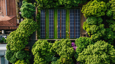 A stunning aerial view capturing solar panels installed among vibrant green trees, promoting sustainability and clean energy in an urban setting.の素材