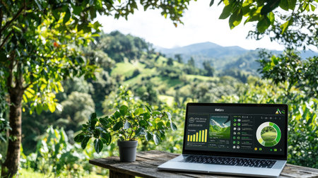 A laptop sits on a wooden table surrounded by lush greenery, displaying vibrant data visualizations. The serene mountain landscape creates a perfect outdoor workspace for productivity.の素材