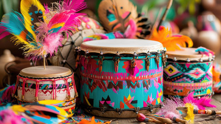 Brightly painted drum close-up with feather trims, blurred corner openの素材