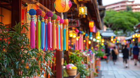A vibrant marketplace adorned with colorful lanterns and whimsical decorations. The lively scene captures the essence of culture and tradition in a bustling environment.の素材