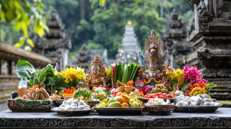 Vibrant display of colorful offerings at a Balinese temple, showcasing an array of fruits, flowers, and foods symbolizing devotion during a spiritual ceremony.の素材