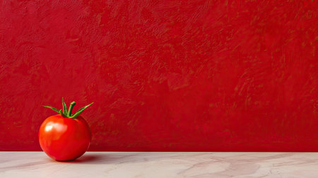 A single ripe tomato seconds before impact against a red smeared wall, room for textの素材