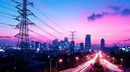 Captivating city skyline at dusk showcasing vibrant colors and electric power lines. The scene features traffic lights creating a lively urban atmosphere.の素材