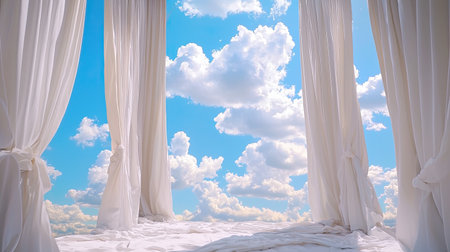 Artistic installation of mirrors and fabric reflecting sky, with text areaの素材