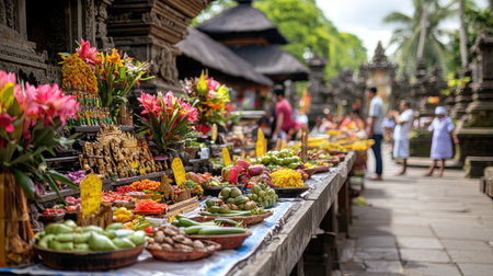 This image showcases vibrant traditional offerings at a Balinese temple. Colorful fruits and flowers are displayed, symbolizing rich cultural heritage and spirituality.の素材