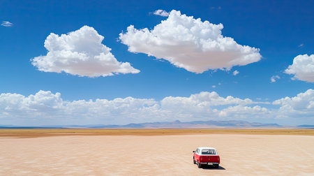 Art car silhouette rolling through dry playa with open horizon for textの素材