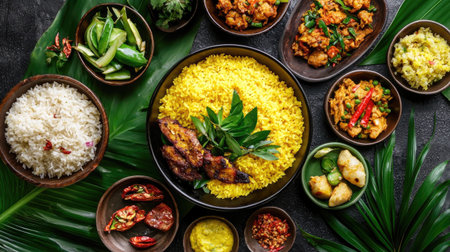 A vibrant display of diverse Indian dishes featuring yellow rice, spices, and various sides. Perfect for showcasing culinary traditions and food culture.の素材