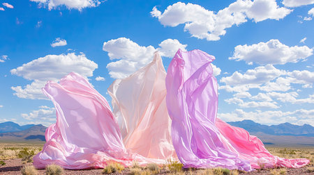 Abstract desert art installation with flowing fabric and blank skyの素材
