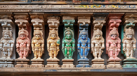 Discover the vibrant and intricate carvings of deities adorning a temple wall, showcasing skilled craftsmanship and rich cultural heritage from South India.の素材