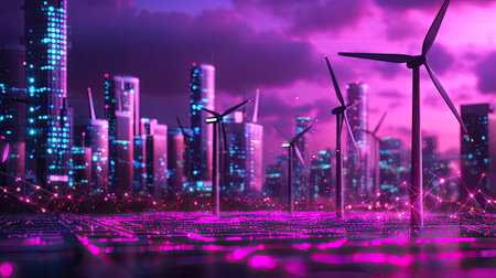 A vibrant futuristic city features wind turbines against a neon sky at dusk, capturing the essence of renewable energy and modern urban landscapes.の素材