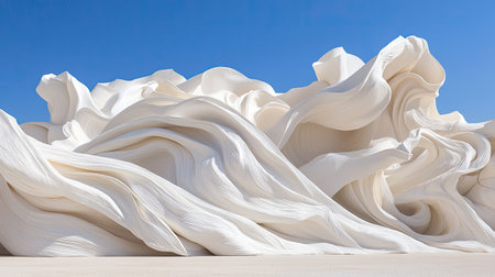 Abstract desert art installation with flowing fabric and blank skyの素材