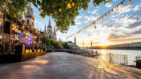 Abstract view of lighting rigs and hanging speakers over empty festival area by the Danube, plenty of space for messageの素材
