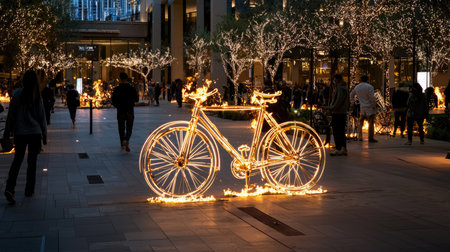 Burning bicycle sculpture mid-flame with orange glow, background spaceの素材