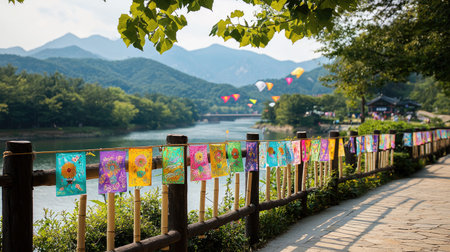 Captivating river view featuring colorful art displays against a stunning mountain backdrop. A perfect blend of nature's beauty and artistic expression.の素材