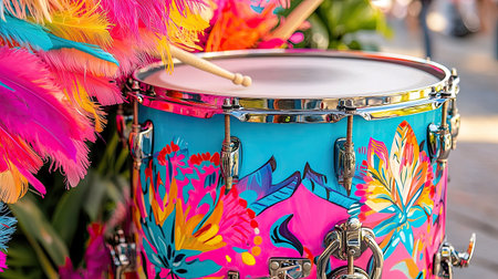 Brightly painted drum close-up with feather trims, blurred corner openの素材