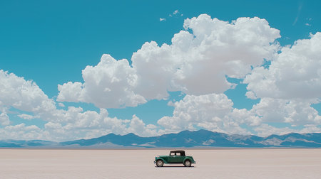 Art car silhouette rolling through dry playa with open horizon for textの素材