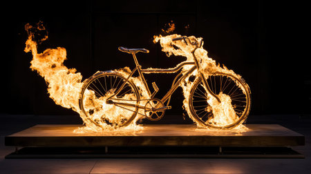 Burning bicycle sculpture mid-flame with orange glow, background spaceの素材