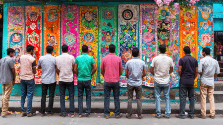 A group of men stands in front of a vibrant display of traditional textiles, immersed in the colors and intricate patterns. The scene captures cultural appreciation and community spirit.の素材
