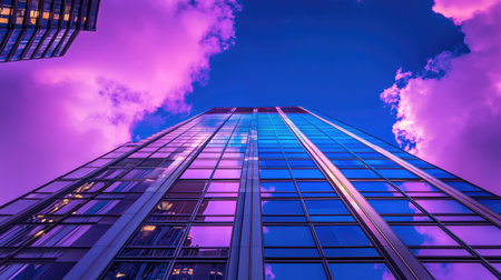 Abstract light projection on building with dark sky and room for textの素材