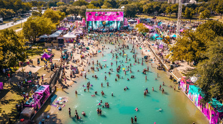 Aerial view of colorful art zones at festival site with clean upper portionの素材