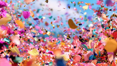 Carnival-themed confetti explosion frozen mid-air, clean border spaceの素材