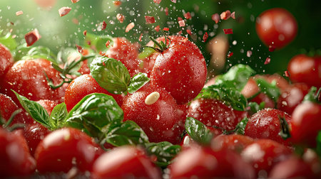 Crushed tomato exploding on fabric or wall in a wild close-up, copy space aboveの素材