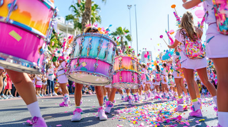 Carnival drum decorated with vivid colors resting on parade street, copy area aboveの素材